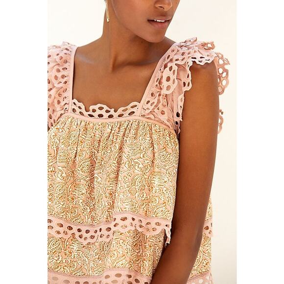 New Anthropologie Let Me Be Eyelet Tiered Swing Top $110 SMALL Neutral Motif - Picture 2 of 4